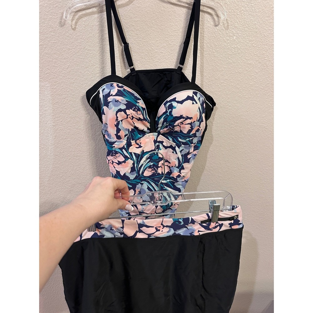 Rekita Floral Tankini Top and Swim Skirt Two Piece Set Black Pink Blue XXL